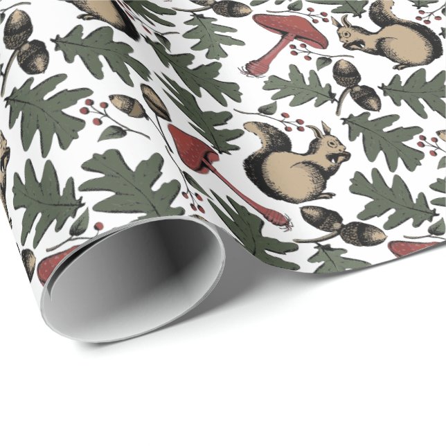 Festive Forest Squirrels, Acorns & Mushrooms White Wrapping Paper (Roll Corner)