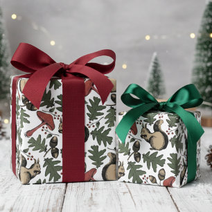 Festive Forest Squirrels, Acorns & Mushrooms White Wrapping Paper