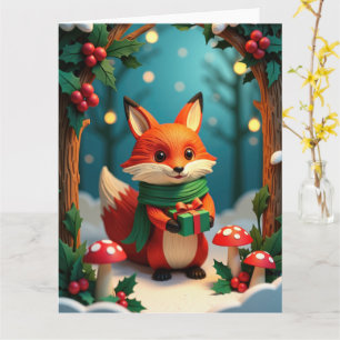 Festive Fox Holding Gift in Snowy Forest Card