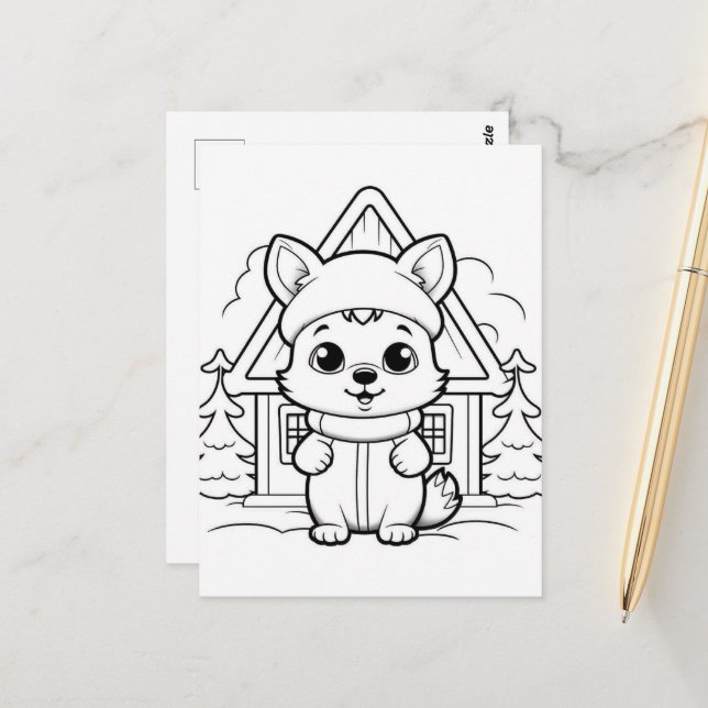 Festive fox kids colouring  postcard (Front/Back In Situ)
