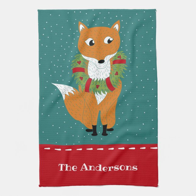 Festive Fox Personalised Christmas Tea Towel (Vertical)