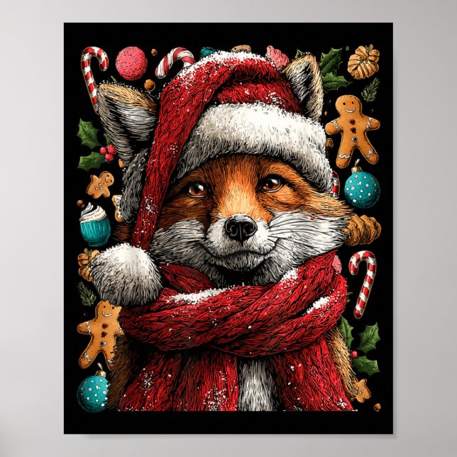 Festive Fox With Snow Santa Hat Winter Christmas A Poster (Front)
