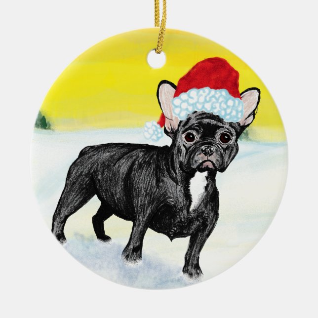 festive french bull dog ceramic tree decoration (Front)