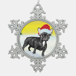 festive french bull dog snowflake pewter christmas ornament