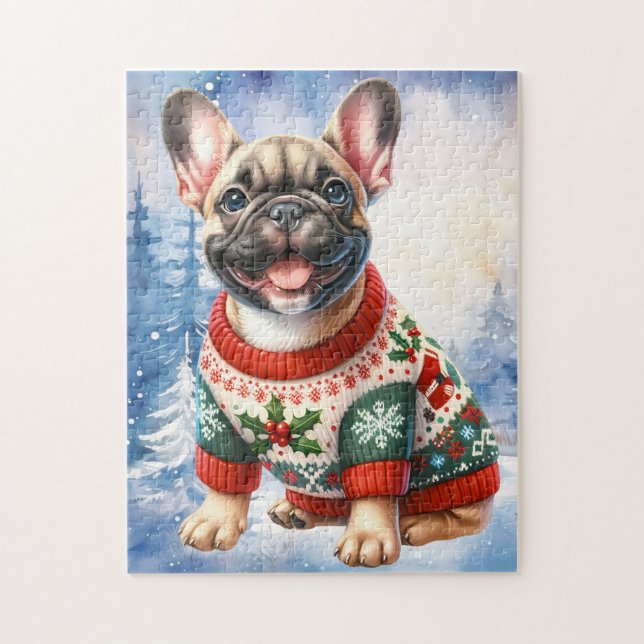 Festive French Bulldog Dog Christmas Puppy  Jigsaw Puzzle (Vertical)