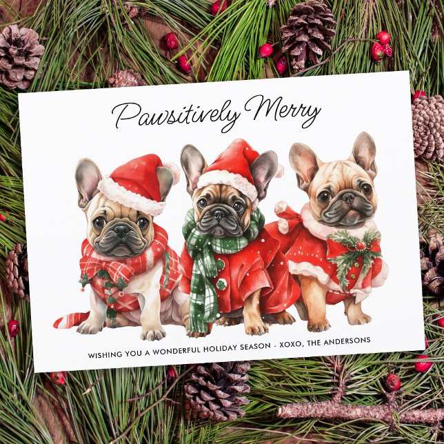 Festive French Bulldog Dogs Personalised Christmas Holiday Card (Creator Uploaded)