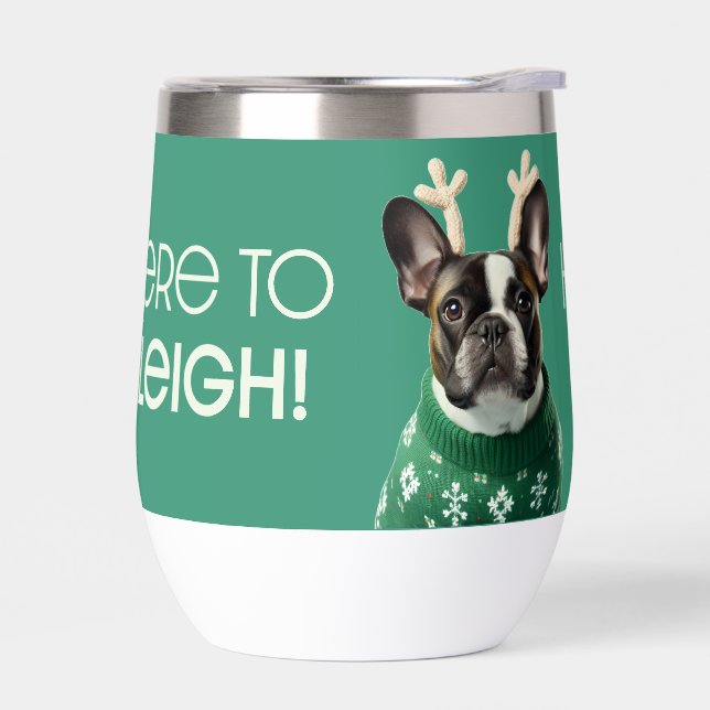 Festive French Bulldog Green Cooler Cup (Left)