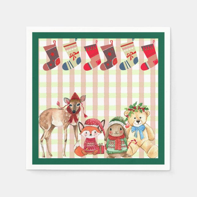Festive friends with gifts and stockings napkin (Front)