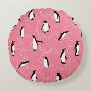 Festive Frosty Winterland Penguine Pink Christmas Round Cushion