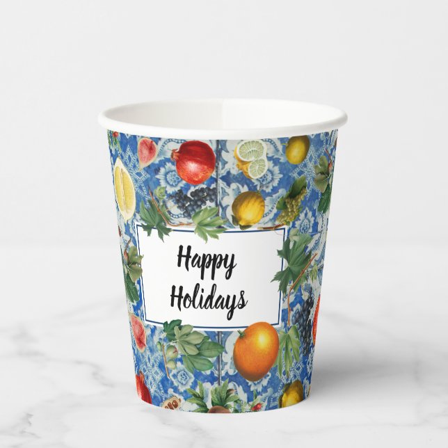 Festive Fruit Happy Holidays Christmas Party Paper Cups (Left)