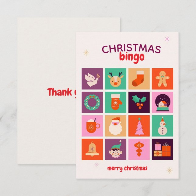 Festive Fun Colourful Illustrated Christmas Bingo  Thank You Card (Front/Back)