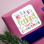 Festive Fun & Colourful No Peeking Until Christmas Square Sticker<br><div class="desc">No peeking! safeguard your Christmas presents from your sneaky peekers with our fun, whimsical and colourful "No Peeking Until Christmas" stickers. The Design features different fun and bold typographic typography to create a fun design. Bright colours of reds, pinks, greens, blues and faux gold accents creates an eye catching design....</div>