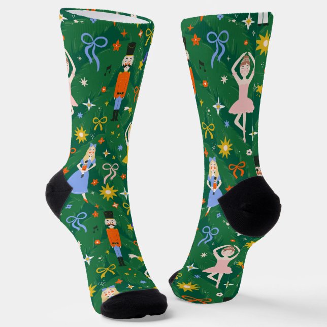 Festive Fun Nutcracker Ballet Christmas Green Socks (Angled)