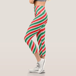 Festive Fun Peppermint Green Red Candy Cane Stripe Capri Leggings