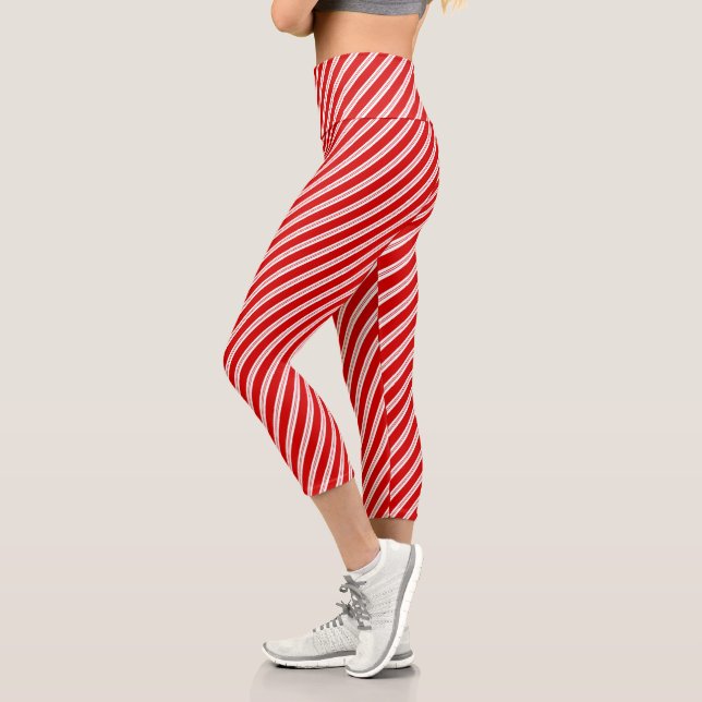 Festive Fun Peppermint Red Candy Cane Stripes Capri Leggings (Left)