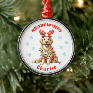 Festive Fun Watercolor Golden Retriever Snowflakes Metal Tree Decoration
