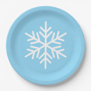 Festive Fun White Alpine Snowflake On Light Blue Paper Plate