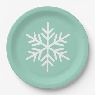 Festive Fun White Alpine Snowflake On Light Teal Paper Plate
