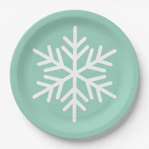 Festive Fun White Alpine Snowflake On Light Teal Paper Plate