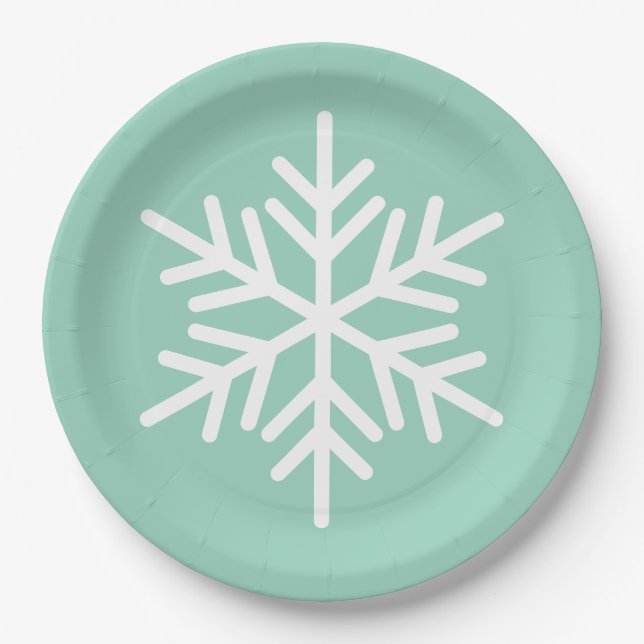 Festive Fun White Alpine Snowflake On Light Teal Paper Plate (Front)