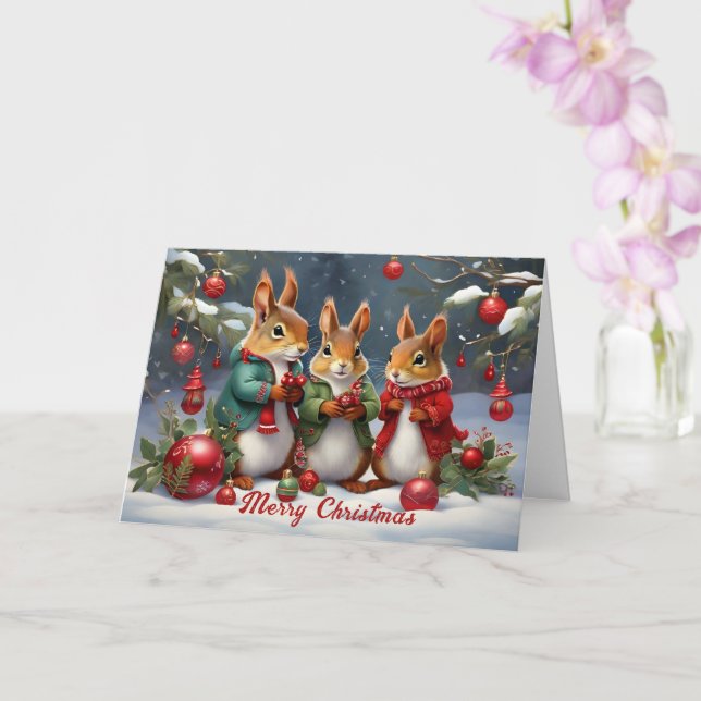 Festive Fun with Cute Christmas Squirrels  Card (Orchid)
