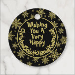 Festive Funny Black & Gold Inclusive Holiday Gift Favour Tags<br><div class="desc">This fun holiday gift tag is all inclusive with a humourous slant. It features a festive design with gold snowflakes on a black background and a tag that reads: Wishing You a Very Happy ChristmaSolsticHanukKwanzaa! Smooshing the words Christmas, Solstice, Hanukkah & Kwanza together into one silly word. The back has...</div>