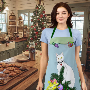 Festive Funny Christmas Tree Funny White Cat Green Apron