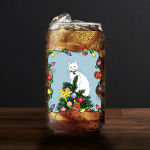 Festive Funny Christmas Tree Funny White Cat Green Can Glass