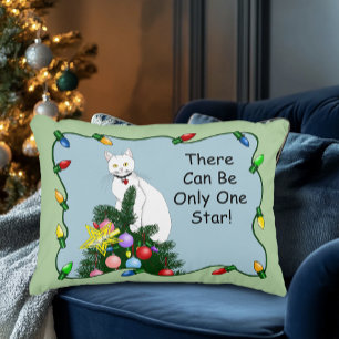 Festive Funny Christmas Tree Funny White Cat Green Decorative Cushion