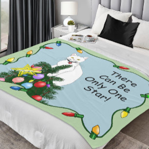 Festive Funny Christmas Tree Funny White Cat Green Fleece Blanket