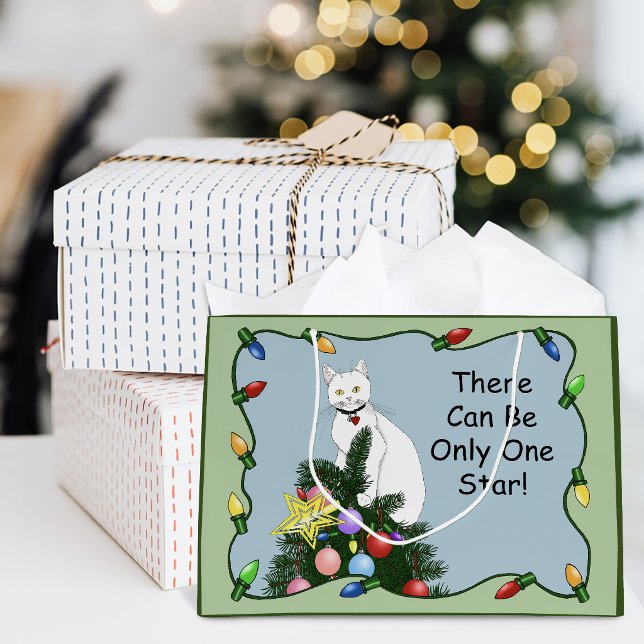 Festive Funny Christmas Tree Funny White Cat Green Large Gift Bag (Creator Uploaded)
