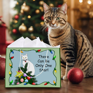 Festive Funny Christmas Tree Funny White Cat Green Large Gift Bag