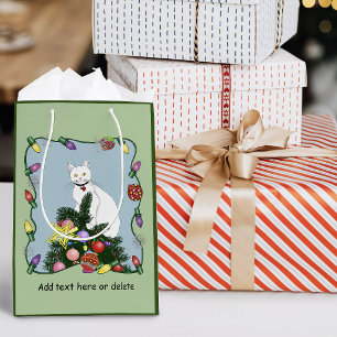 Festive Funny Christmas Tree Funny White Cat Green Medium Gift Bag