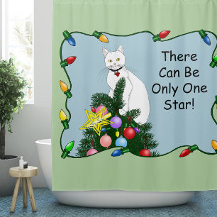 Festive Funny Christmas Tree Funny White Cat Green Shower Curtain