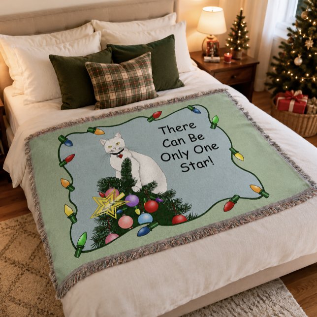 Festive Funny Christmas Tree Funny White Cat Green Throw Blanket (Creator Uploaded)