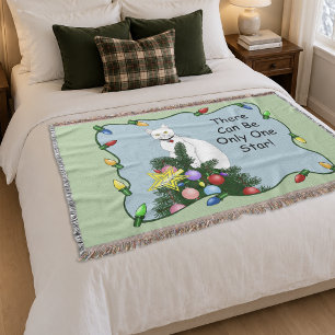 Festive Funny Christmas Tree Funny White Cat Green Throw Blanket