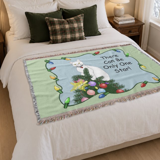 Festive Funny Christmas Tree Funny White Cat Green Throw Blanket (Creator Uploaded)