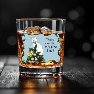 Festive Funny Christmas Tree Funny White Cat Green Whiskey Glass