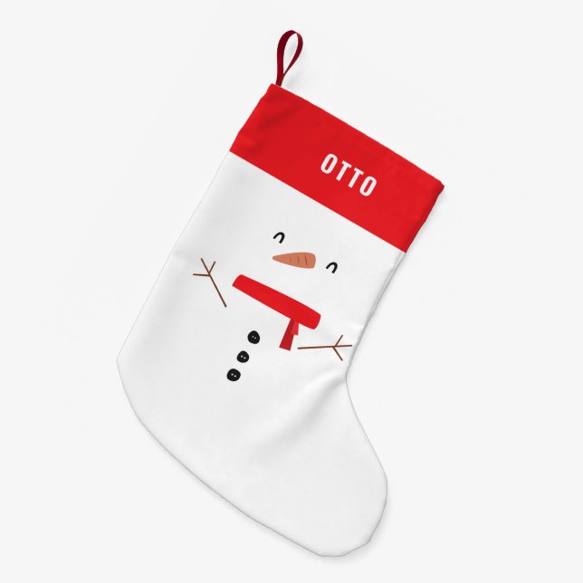 festive funny cute snowman personalised children's small christmas stocking (Front (Hanging))