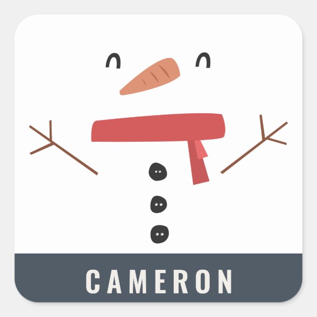 festive funny cute snowman personalised children's square sticker (Front)