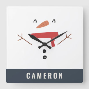 festive funny cute snowman personalised children's square wall clock
