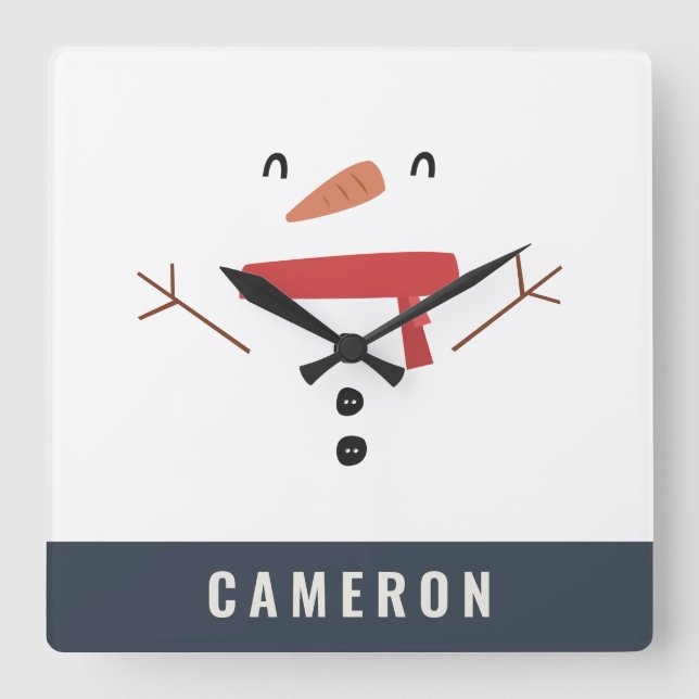 festive funny cute snowman personalised children's square wall clock (Front)