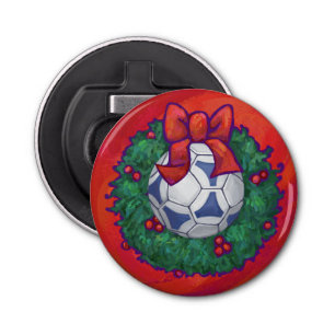 Festive Futbal in Wreath on Red Bottle Opener