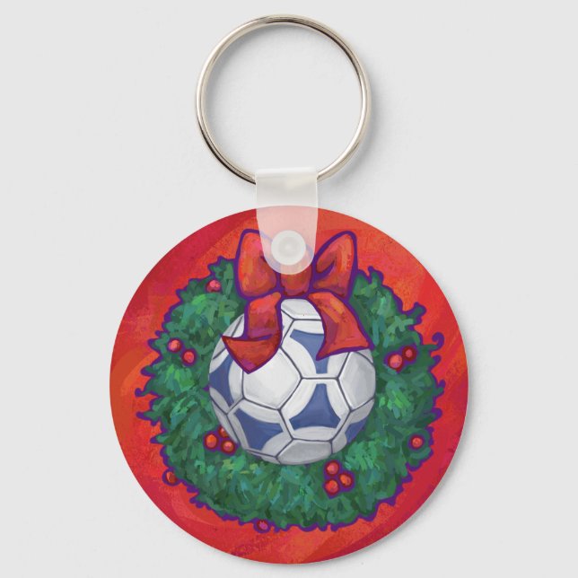 Festive Futbal in Wreath on Red Key Ring (Front)