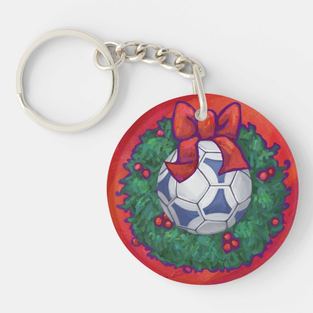 Festive Futbal in Wreath on Red Key Ring (Front)