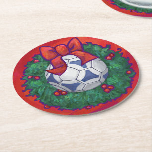Festive Futbal in Wreath on Red Round Paper Coaster