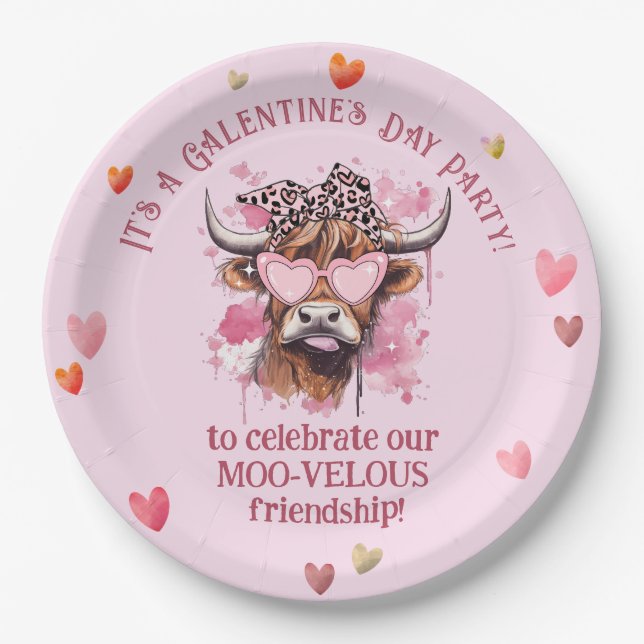 Festive Galentine's Day Hereford Cow Paper Plate (Front)