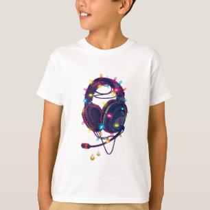 Festive Gamer Headset with Christmas Lights T-Shirt