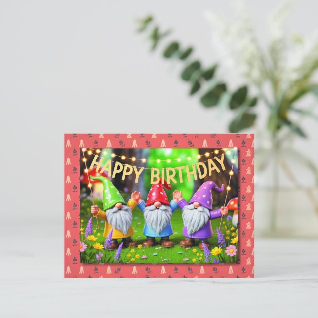 Festive Garden Gnomes Birthday Celebration Postcard (Standing Front)