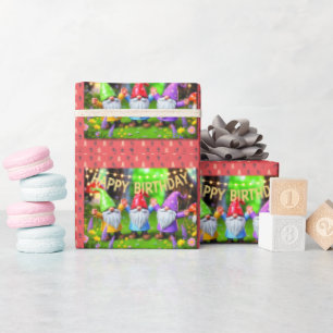 Festive Garden Gnomes Birthday Celebration Wrapping Paper